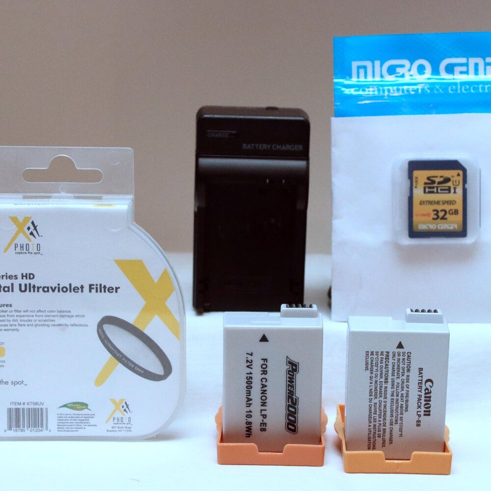 Canon Rebel T5i T4i T3i T2i Accessory Kit with 2xLP-E8, Charger, UV, 32GB, SDHC